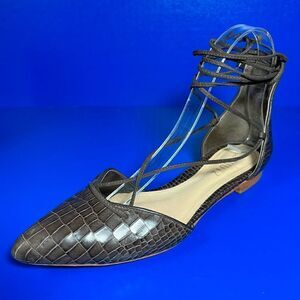 SCHUTZ Womens Neida Grey Crocodile Point Toe D'Orsay Leather Lace Up Flats 6B